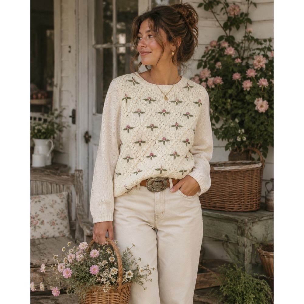 Needles & Yarn Floral Embroidered Sweater Womens M Cream Ramie Knit Cottagecore